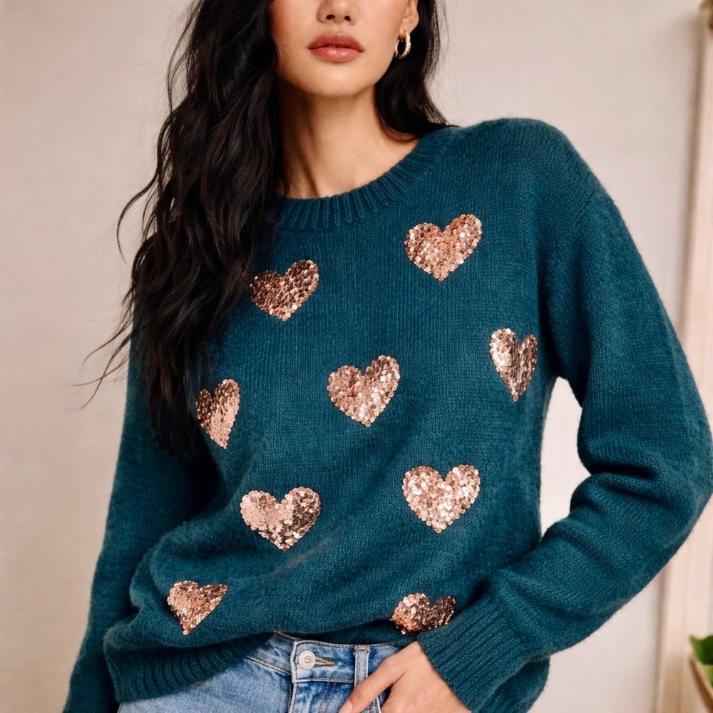 Cozy Knit XS Sweater Sequin Heart Embellished Teal‎